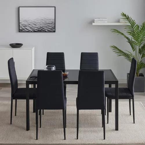 Vista 5 de Juego de sillas de comedor de 6 piezas, cuero sintético negro moderno, respaldo alto tapizado, marco de acero, cocina cómoda, muebles de comedor
