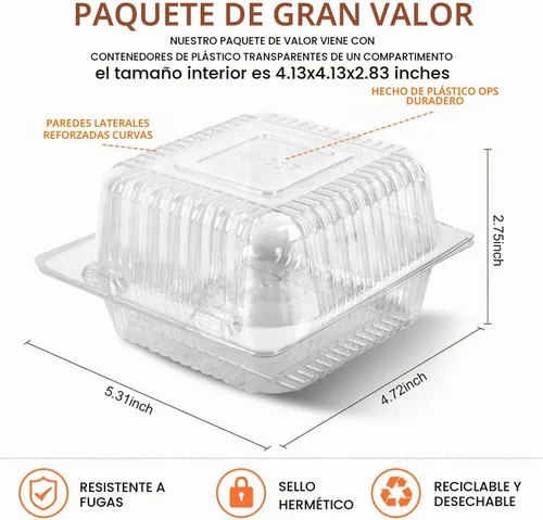 Vista 2 de 100 Piezas Recipientes de Plástico Transparente para Llevar, Recipiente Desechable Tipo Almeja para Postres con Tapa, para Ensaladas, Pasta