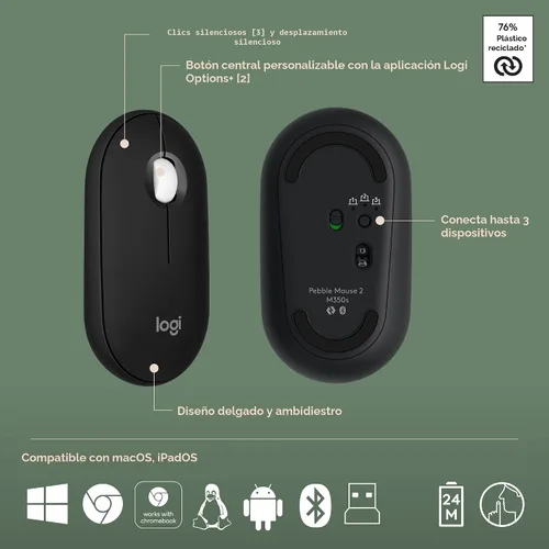 Vista 7 de Logitech Pebble 2 Combo, teclado inalámbrico y mouse, silencioso y portátil, personalizable, Logi Bolt, Bluetooth, fácil cambio entre dispositivos