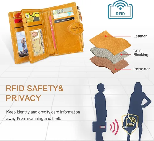 Vista 5 de CONISY Cartera pequeña para mujer, cartera compacta de cuero plegable con correa de muñeca con bloqueo RFID para mujer, Amarillo, Casual, clásico