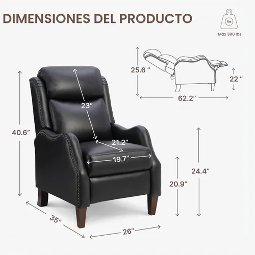 Vista 2 de KISLOT Sillón reclinable de piel sintética con ribete de remache, sillón de acento manual vintage, sofá individual para sala de estar, dormitorio