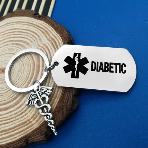 Vista 3 de Oubaka Llavero diabético para hombres, mujeres, niñas, niños, diabéticos, regalo de alerta médica, llavero para diabéticos y advertencia