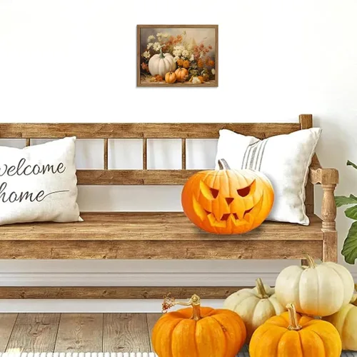 Vista 8 de Arte de pared enmarcado de calabaza de otoño, impresión en lienzo de calabaza blanca y flores de otoño, cosecha rústica de granja, Halloween, Acción