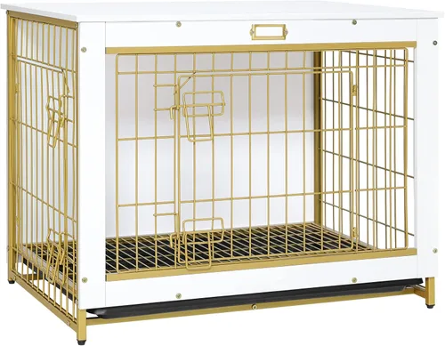Vista 15 de Mueble de jaula para perros, perrera pequeña de 25.5 pulgadas para interiores, jaula de madera con bandeja extraíble, mesa auxiliar lateral que