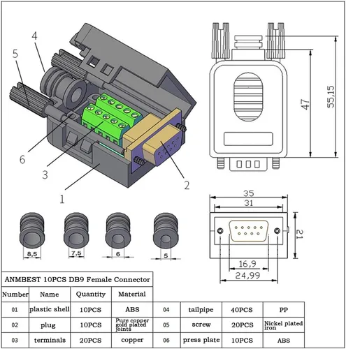 Vista 3 de 10PCS DB9 serie sin soldadura a 9 pin terminal hembra Breakout