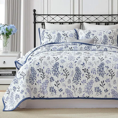 Vista 10 de Juego de edredón 100% algodón tamaño Queen, colcha floral suave prelavada, juego de ropa de cama ligera de 3 piezas para todas las estaciones, ropa