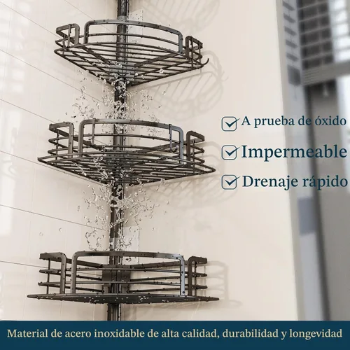 Vista 5 de Consumest Organizador de Ducha Esquinero con Soporte de Tensión - Estantes de Ducha a Prueba de Óxido con Barra para Toallas y Jabón, Organizador