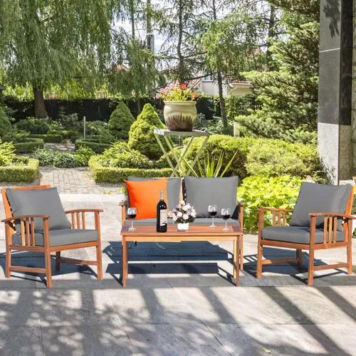 Vista 5 de Tangkula - Juego de muebles de madera de 4 piezas para patio o exteriores, banco, mesa y dos sillas, con cojines