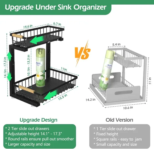 Vista 6 de ADRIMER Organizador para debajo del fregadero, 2 paquetes, organizador extraíble para fregadero de cocina, 2 niveles, organizador de cocina