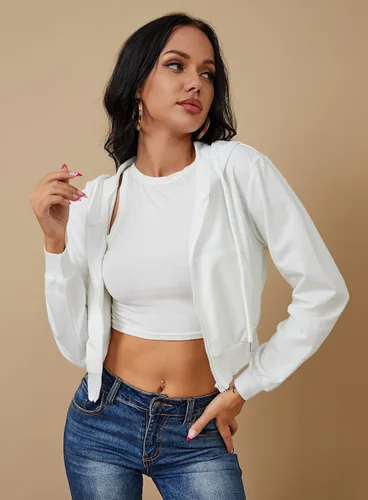 Vista 3 de Sudaderas con capucha y cremallera para mujer, chaqueta recortada, con cordón, sudadera casual de manga larga