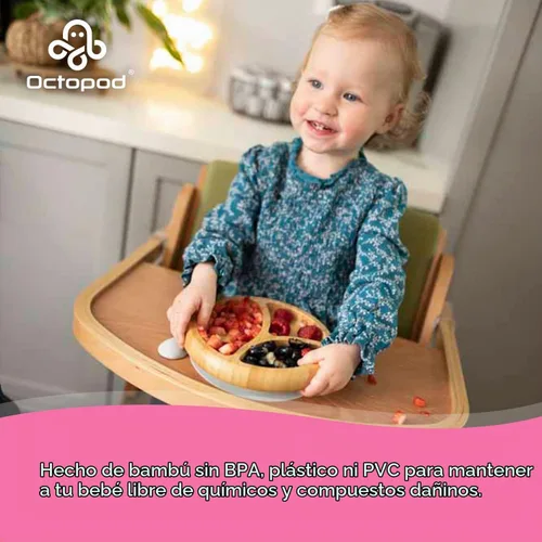 Vista 4 de Abiie Octopod Bamboo Dish & Spoon - Plato de succión para bebé - 4 meses y Azul-RP (placa redonda)