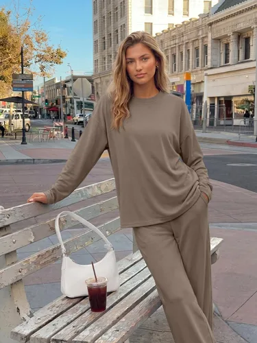 Vista 5 de Trendy Queen Conjunto de 2 piezas de otoño para mujer, tops de gran tamaño Caqui