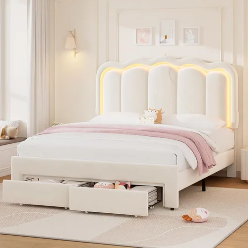 Vista 9 de Marco de cama LED tapizado individual con cajón de almacenamiento y cabecera doble ondulada ajustable, cama de plataforma de terciopelo