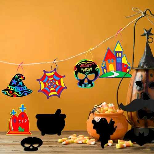 Vista 5 de Max Fun Paquete de 48 tarjetas de papel de arte para manualidades de Halloween, adornos mágicos de arco iris, suministros para colgar, kit