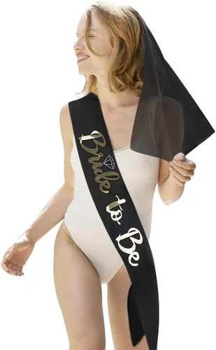 Vista 2 de MioCloth Velo de boda negro con peine, banda de satén para despedida de soltera