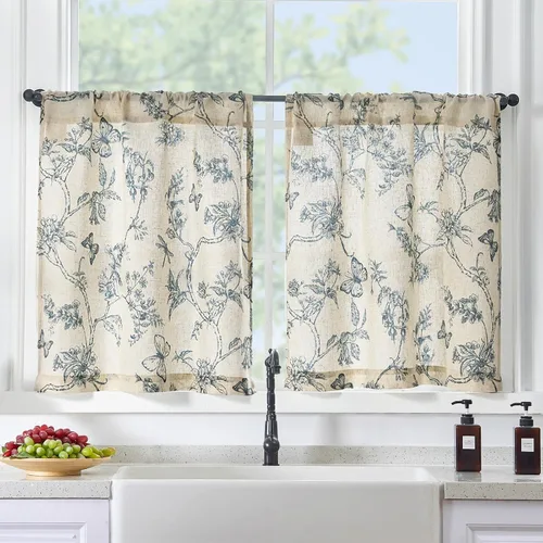 Vista 29 de Lazzzy Cortinas de lino floral verde con bolsillo para barra de granja, 50 Charlotte Verde