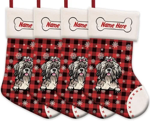 Vista 64 de Foto personalizada, Feliz Navidad, búfalo rojo, a cuadros, feliz perro, calcetín de Navidad, copo de nieve, decoración de vacaciones, calcetín