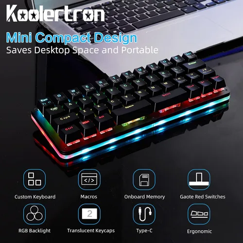 Vista 2 de Koolertron Teclado de juegos Macaro de 42 teclas 40% - Teclado mecánico compacto retroiluminado RGB, teclado mini programable USB-C intercambiable