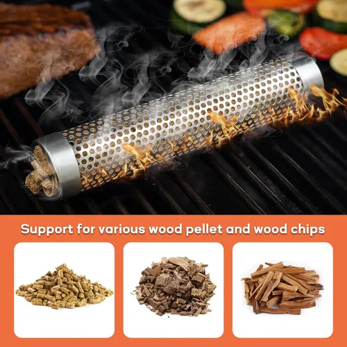 Vista 2 de Tubo de ahumador de pellets para parrilla de gas, tubo de humo de acero inoxidable de 12 pulgadas para ahumar en caliente o frío, 5 horas de humo