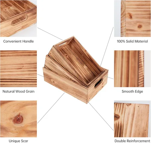 Vista 6 de PHOENANCEE Cajas de madera para exhibición, cajas decorativas rústicas de almacenamiento, juego de 3, caja anidable de madera con asas, cesta
