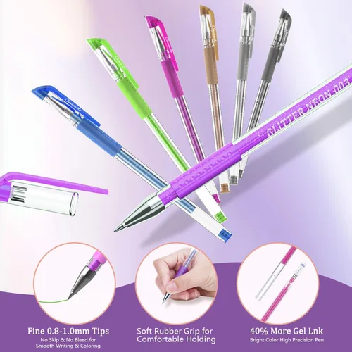 Vista 2 de Bolígrafos de gel con purpurina para libros de colorear para adultos, paquete de 96 bolígrafos de gel para artistas, 48 colores con un 50% más
