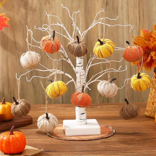 Vista 6 de Kajaia 12 piezas de mini adornos colgantes de calabaza de otoño de Acción de Gracias para árbol de 2.05 pulgadas, tela de arpillera, calabaza