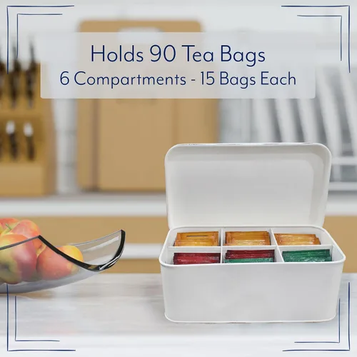Vista 3 de AuldHome Farmhouse - Caja de té (blanca), estilo retro vintage esmaltado, lata de almacenamiento de té
