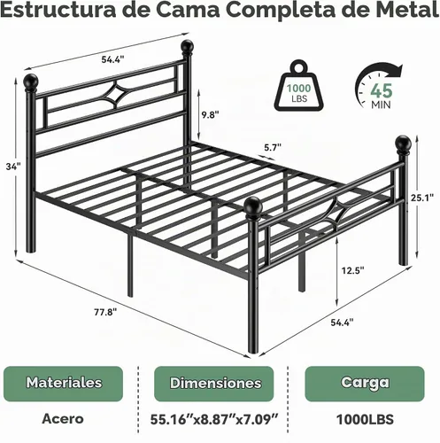 Vista 2 de BedsPick Armazón de Cama Full con Cabecero y Piecero, Armazón de Cama de Plataforma de Metal con Bola de Esquina Redonda, Soporte de Listones