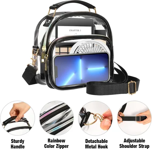Vista 4 de MoKo Bolsa transparente aprobada para estadios para mujer, bolsa cruzada de gran capacidad con 2 bolsillos y cremallera
