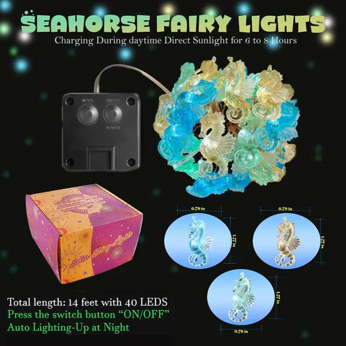 Vista 3 de Guirnalda de luces solares de caballito de mar para exteriores, luz solar decorativa de hadas para decoración de jardín exterior, impermeable