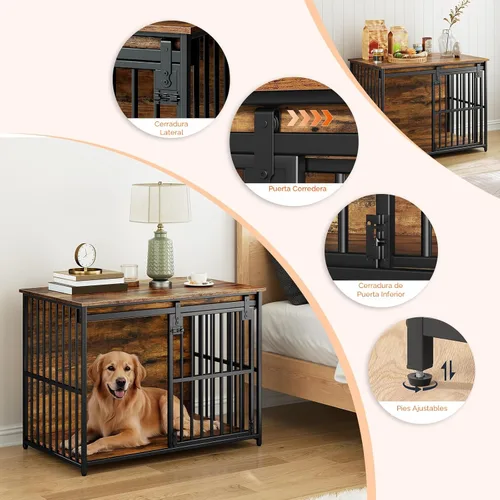 Vista 7 de HOOBRO Mueble de jaula para perros, perrera resistente de 36.6" con puerta de granero deslizante, jaula de madera para perros para interiores, mesa