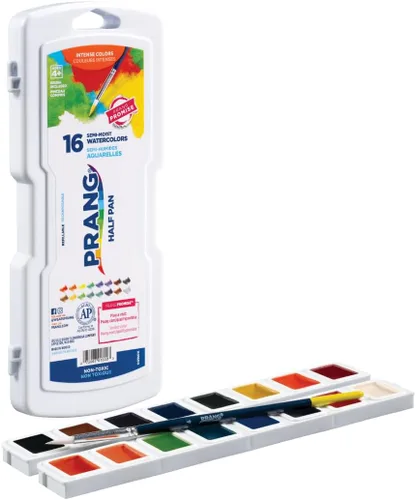 Vista 4 de Prang Pintura de acuarela semihúmeda no tóxica sin cera, media bandeja rectangular de plástico, 16 colores surtidos Pincel de pintura recargable
