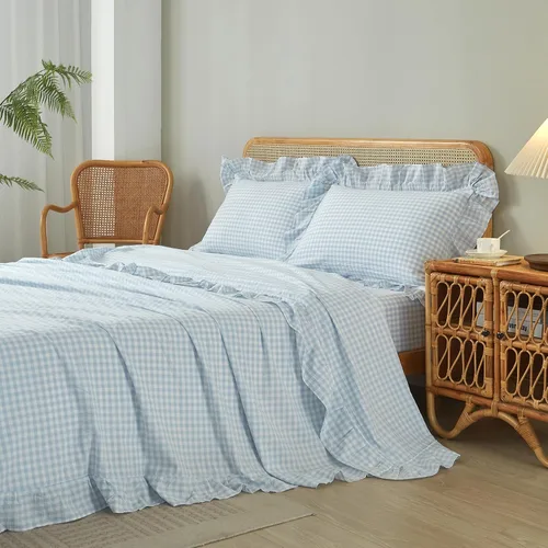 Vista 5 de LifeTB Blue Gingham Ruffle Full Sheets Set 4 Piece Boho Plaid Bed Sheets