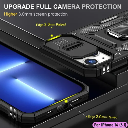 Vista 6 de Funda resistente para Apple iPhone 14, protección híbrida de goma de doble capa de grado militar con protector de cámara deslizante, soporte Negro