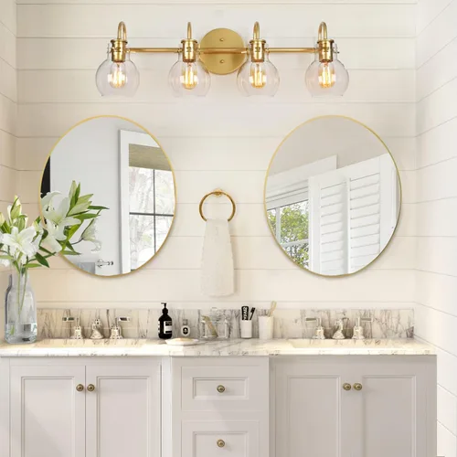 Vista 2 de KSANA Lámpara de tocador de baño, 4 luces de 28.5 pulgadas, grandes lámparas de baño doradas, modernas luces de tocador para baño con pantallas