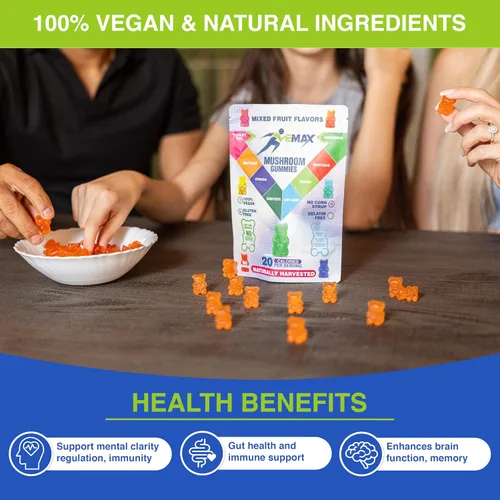 Vista 4 de Ashwagandha and Lions Mane - Gomitas de hongos para adultos – Orgánicas – Reishi, Maitake, Chaga, Cordyceps, Shiitake, cola de pavo – Apoyo