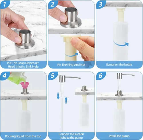 Vista 7 de Dispensador de jabón para platos para fregadero de cocina de níquel cepillado, dispensador de jabón para debajo del fregadero con cabezal de bomba