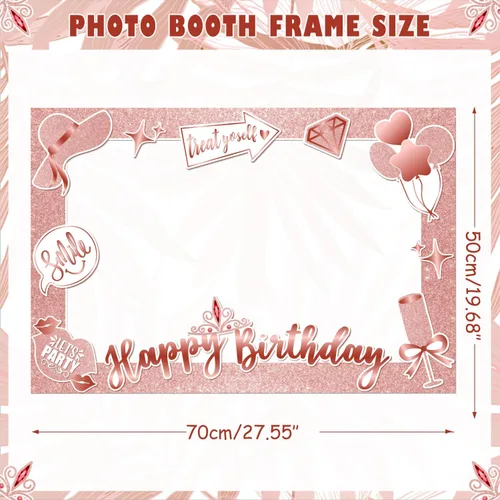 Vista 4 de Accesorios para cabina de fotos de feliz cumpleaños, marco de selfie de cabina de fotos de fiesta de oro rosa y accesorios para decoraciones