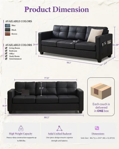 Vista 2 de Sofá seccional de cuero sintético negro, juego de sofá de 3 piezas para TYBOATLE Sofá modular convertible de cuero, cómodo mueble de 3 piezas