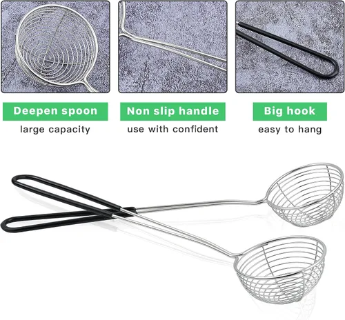 Vista 4 de 12 cucharas coladoras de olla caliente, colador de araña de acero inoxidable de 2.5 pulgadas, cucharón de olla caliente con mango aislado