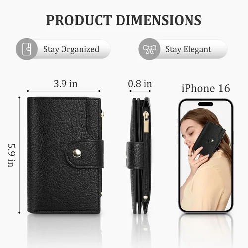 Vista 5 de Airkit Billetera pequeña plegable para mujer, con bloqueo RFID, tarjetero con cremallera, cartera de viaje con bolsillo para monedas, color negro