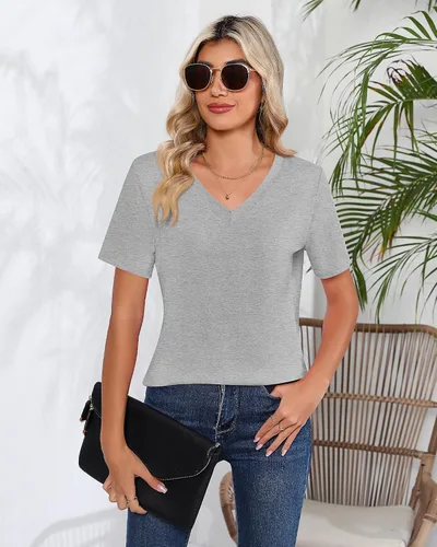 Vista 2 de Ficerd Paquete de 2 camisetas con cuello en V para mujer, manga corta o larga, camisetas básicas de verano casuales con dobladillo sólido