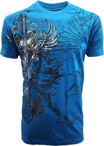 Vista 5 de KonflicUSA Camiseta para hombre con diseño de espada y cadenas, diseño de águila, diseño de espada y cadenas, color plateado metálico, cuello