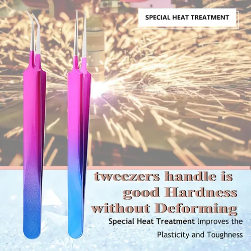 Vista 6 de Pinzas de pestañas aislantes para extensiones de pestañas de volumen, acero inoxidable de precisión profesional, color morado 6.89 x 1.5 x 0.79