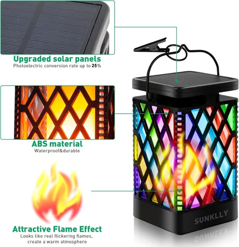 Vista 2 de Faroles solares colgantes que cambian de color y fijas, 9 modos, impermeables, luces colgantes para exteriores, llama parpadeante, linternas