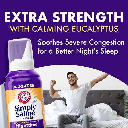Vista 4 de ARM & HAMMER Simply Saline Spray Nocturno Sin Medicamentos para la Congestión Nasal por la Noche, Extra Fuerte, Eucalipto Calmante, Seguro de Usar