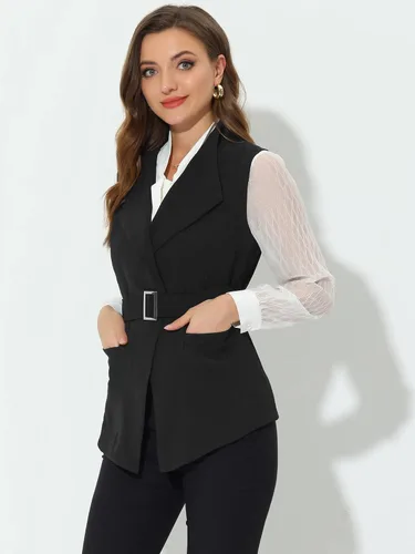 Vista 2 de Allegra K Chaqueta sin mangas para mujer, cuello chal, con cinturón, para trabajo, oficina, chaleco