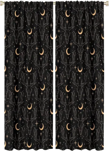 Vista 25 de BAEKJIN Cortinas de cabeza de cabra, diseño de calavera malvada, bruja, símbolo misterioso, bolsillo para barra, cortinas opacas para ventana, juego