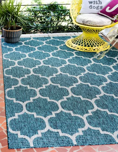 Vista 14 de Unique Loom Outdoor Trellis Collection Alfombra de Área (5' 1" x 8' Oval, Aguamarina/Gris)