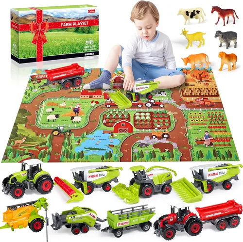 Vista 7 de Oriate Transportador de tractor de granja con animales de granja de dibujos animados y tapete de juego, paquete de 6 juguetes rociadores de baño